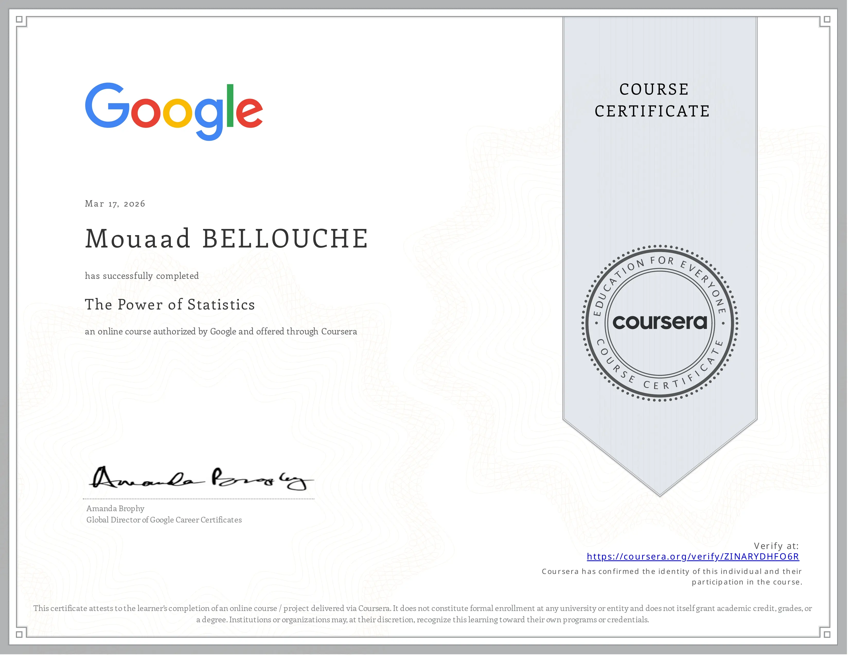 Certificate thumbnail for The Power of Statistics, issued by Google